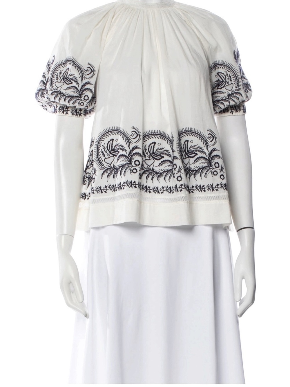 Ulla Johnson Blythe Cotton Voile Embroidered Puff Sleeve Round Neck Top, Size 2